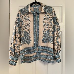 Satin multi print button down top